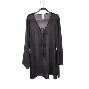 Anne Cole Black Sheer Long Sleeve Swim Cover-Up Dress Lace-Up Neckline XL/XXL 35